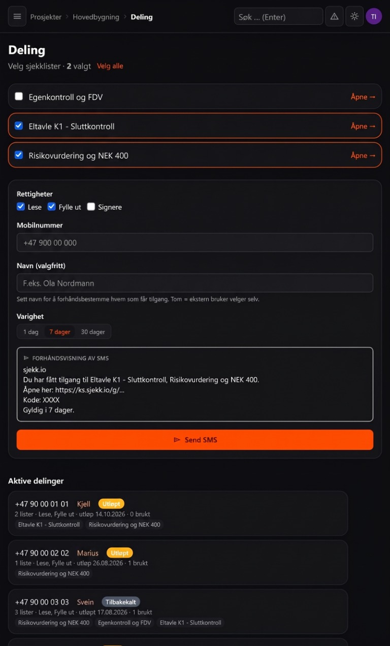 Sjekk.io: deling av sjekklister på SMS med engangslenke, kode, utløp og tilbakekall
