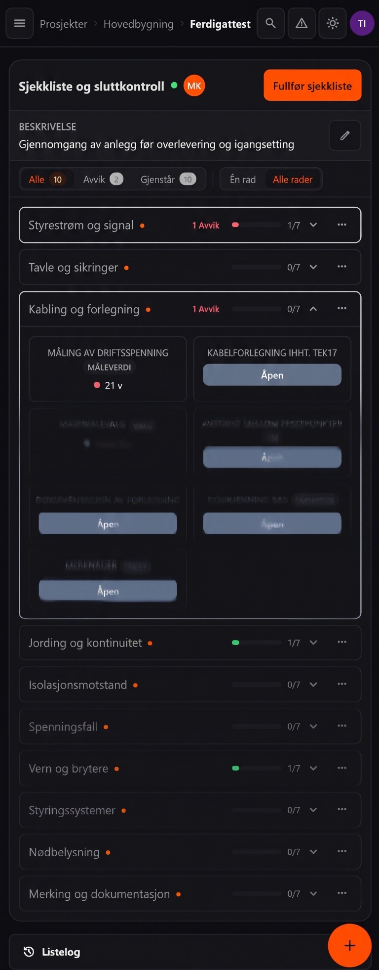 Sjekk.io: sjekkliste og sluttkontroll fylles ut på mobil, med status, målverdier og åpne avvik